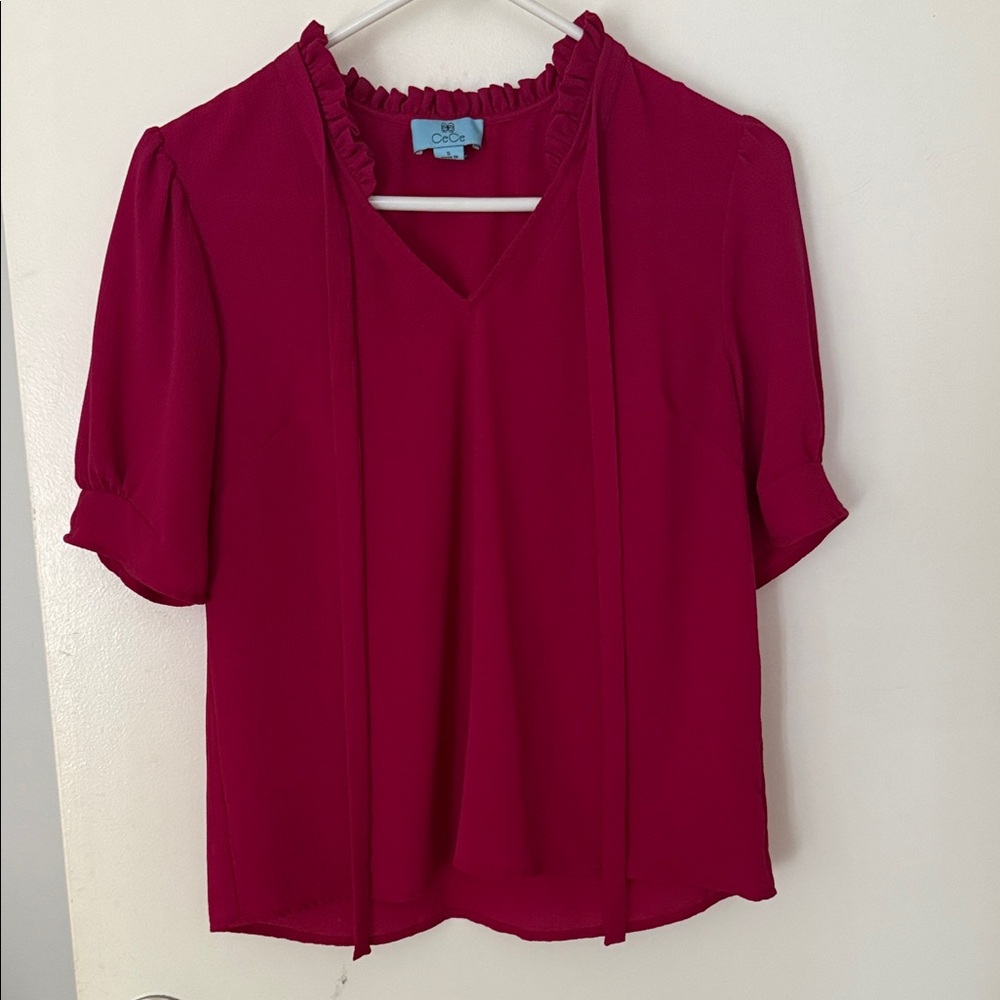 CeCe Magenta V-Neck Tie Blouse with Ruffle Collar